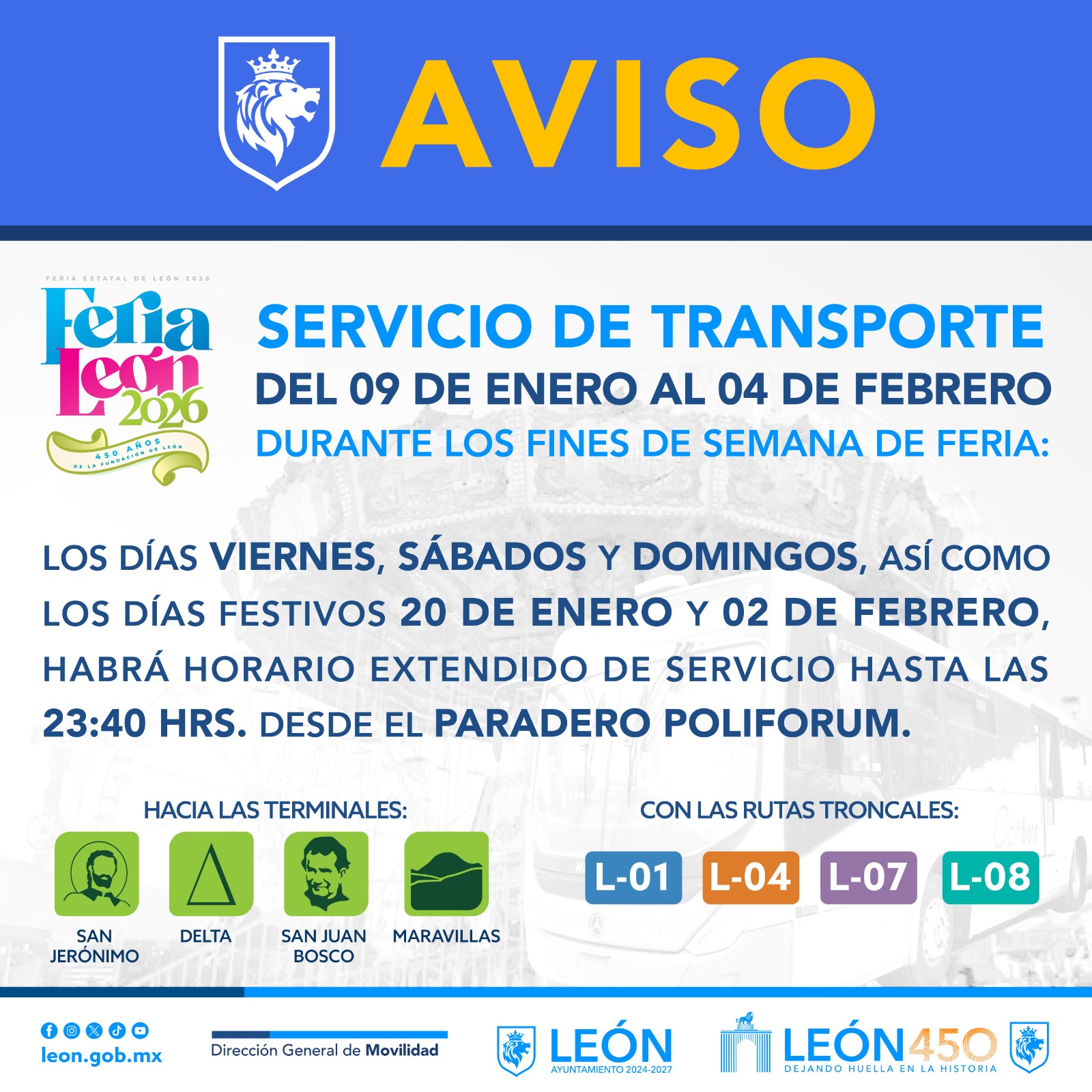 Conoce los detalles del servicio de transporte a la Feria León 2026